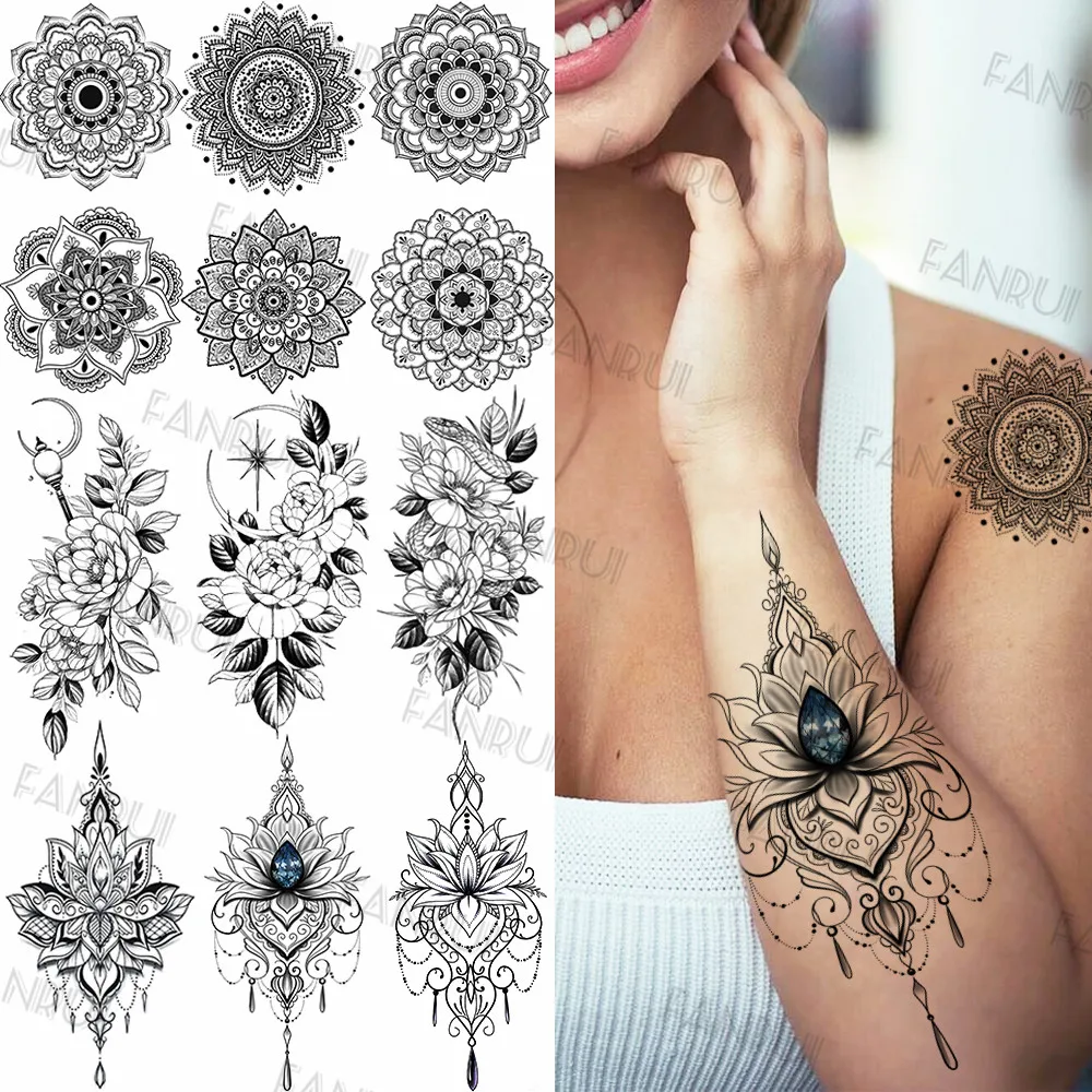 Sexy Black Mandala Flower Temporary Tattoos For Women Girls Henna Tatoos Paper Fake Jewelry String Snake Flower Tattoo For Party