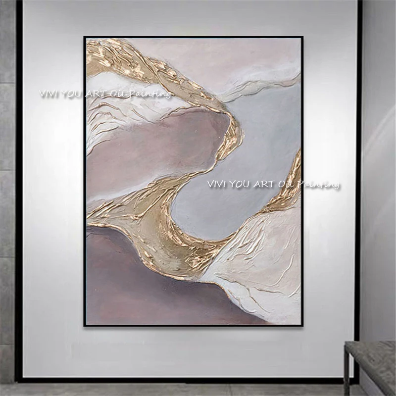 The Original Abstract Modern Pink Gold Gray Thick Oil Painting Handpainted Textured Brush Wall Best Drawings Gift for Friend