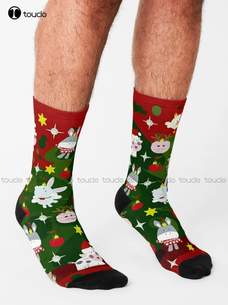 Christmas Tree On The Farm Socks Mens Work Socks Unisex Adult Teen Youth Socks Personalized Custom 360° Digital Print