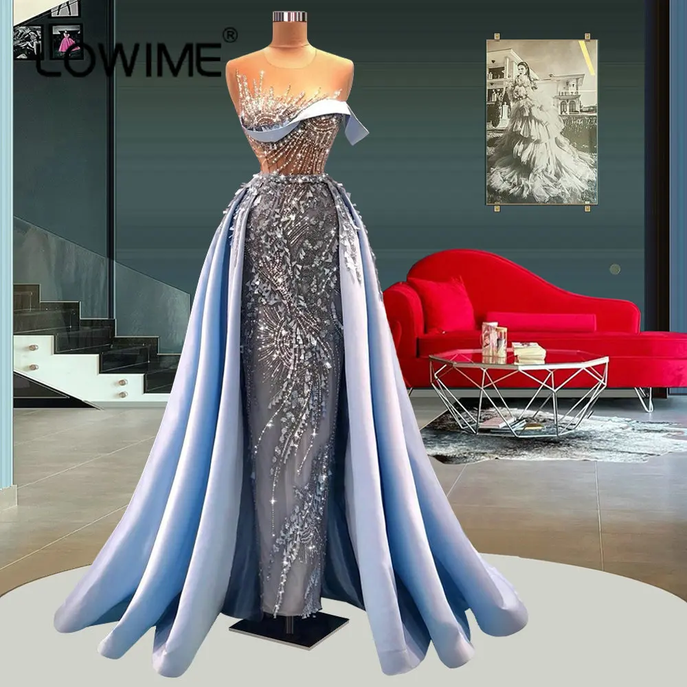 

Lowime Light Blue Long Mermaid Evening Dresses for Women 2022 Overskirts Sparkly Beading Prom Party Gowns Customize Vestidos