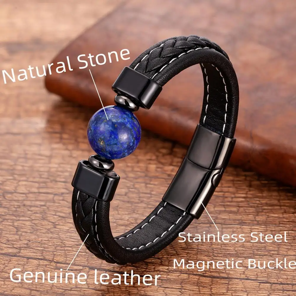 Pulseiras De Couro Genuíno Para Homens, Fecho De Aço Inoxidável, Charme Na Moda, Olho De Tigre Natural, Jóias De Pedra Lava, 6 Estilos