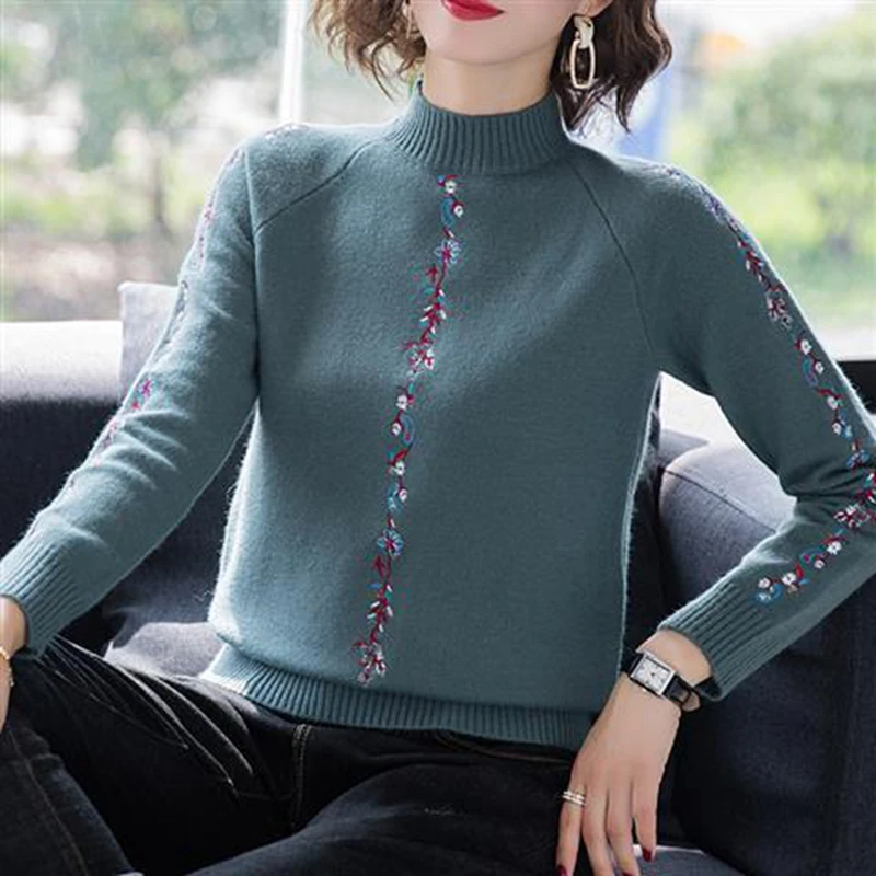 Embroidered Flowers Turtleneck Women Sweaters Fall Winter Thick Warm Pullover Slim Tops Ribbed Knitted Sweater Jumper Soft Pull