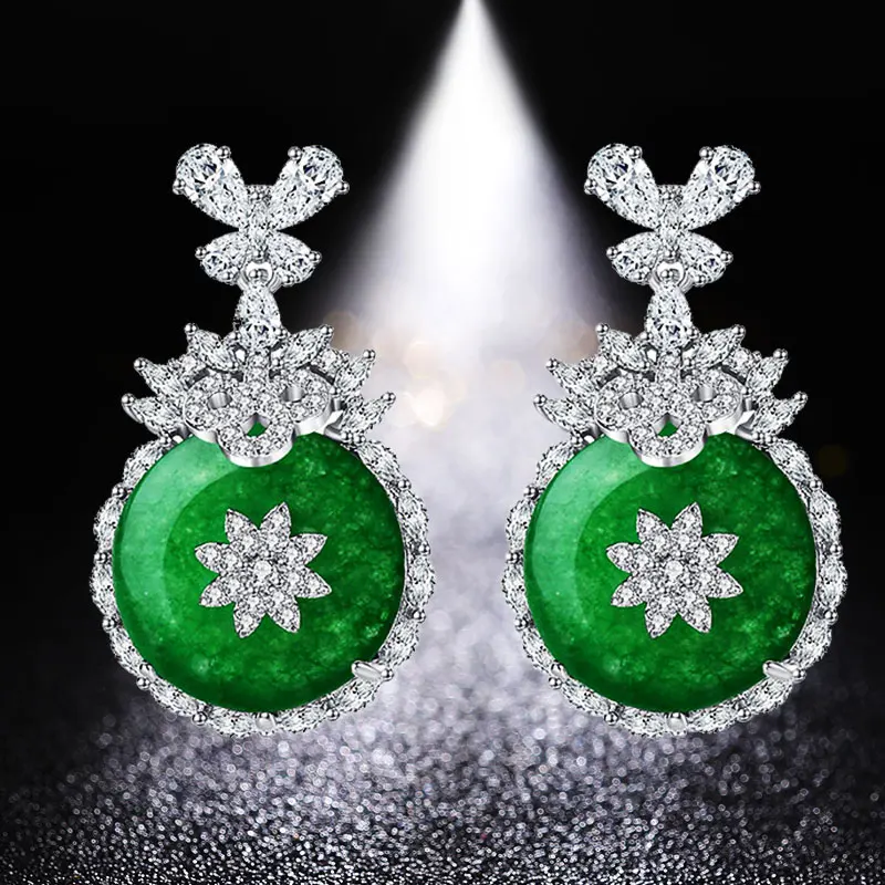 HUAMI Round Drop Earrings Korean Fashion Jewelry for Women Dress Accessories Wedding High Quality Green Chalcedony Jade Earrings