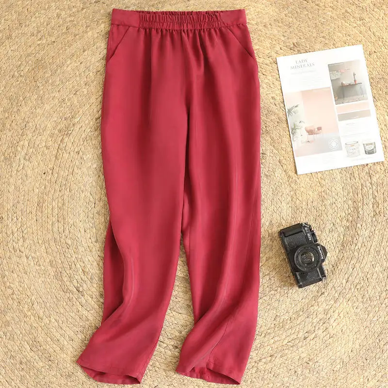 

M-4XL Plus Size Faux Silk Summer Loose Thin Casual Office Pants Women Pantalon Femme Soft Elastic Waist Long Harem Pants C7411