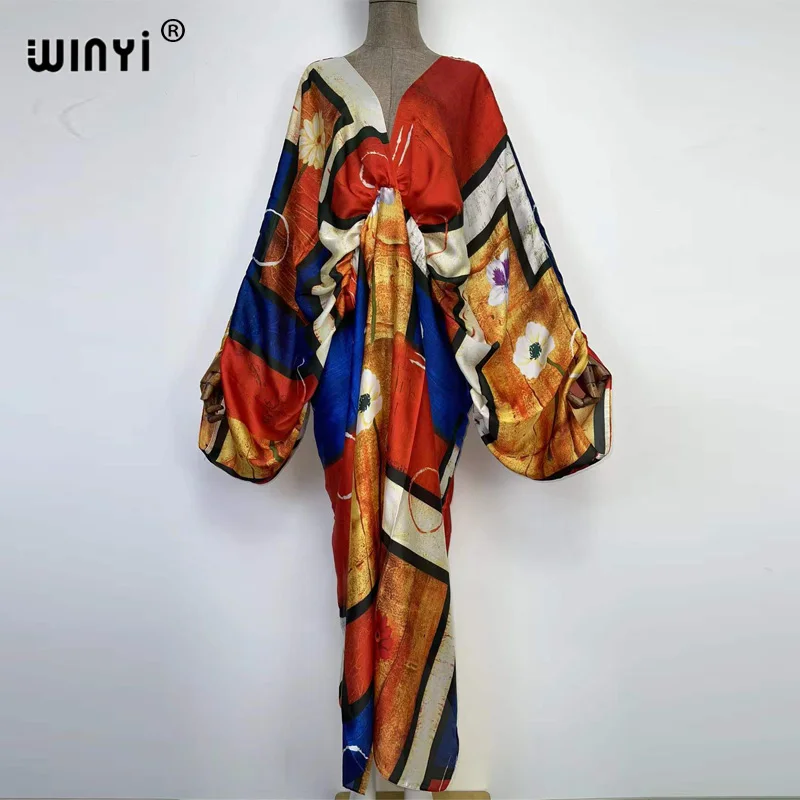 2022 WINYI Deep v neck Sexy bech Europe Summer feel silk rayon fashion print Maxi women's robes long beach V-neck Bohemian dress