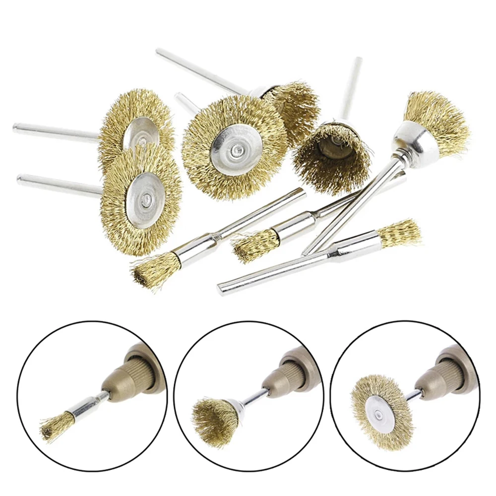 10Pcs Bàn Chải Dây Bánh Xe Kit 3Mm Shank Đồng Mạ Dây Thép Không Gỉ Đánh Bóng Cọ Rust Sơn Loại Bỏ Công Cụ cho Mini Khoan