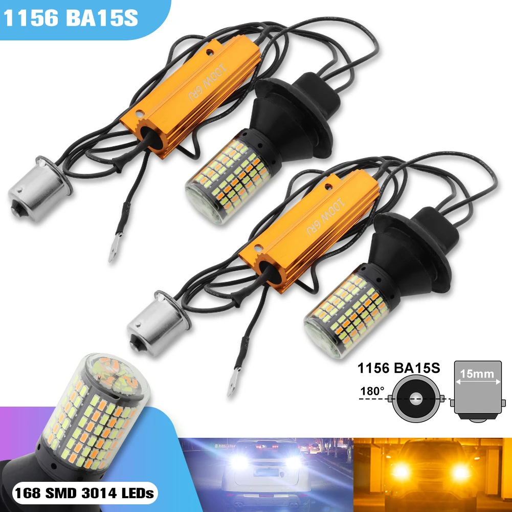 2Pcs 7440 BA15S BAU15S 1156 T20 LED Bulb Canbus 168SMD Error Free White Amber Double Color DRL PY21W P21W Car Turn Signal Light