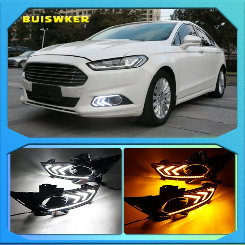 

2 шт. для Ford Mondeo Fusion 2013 2014 2015 2016 Автомобильные дневные ходовые огни 12 в светодиодный дневные ходовые огни с желтым указателем поворота реле