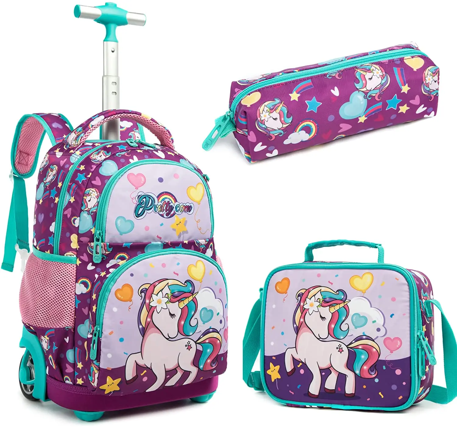 Children school  Trolley Bags with wheels Rolling Backpack 16 inch Set 3 in 1 with Lunch Bag and Pencil Case for Boys and Girls