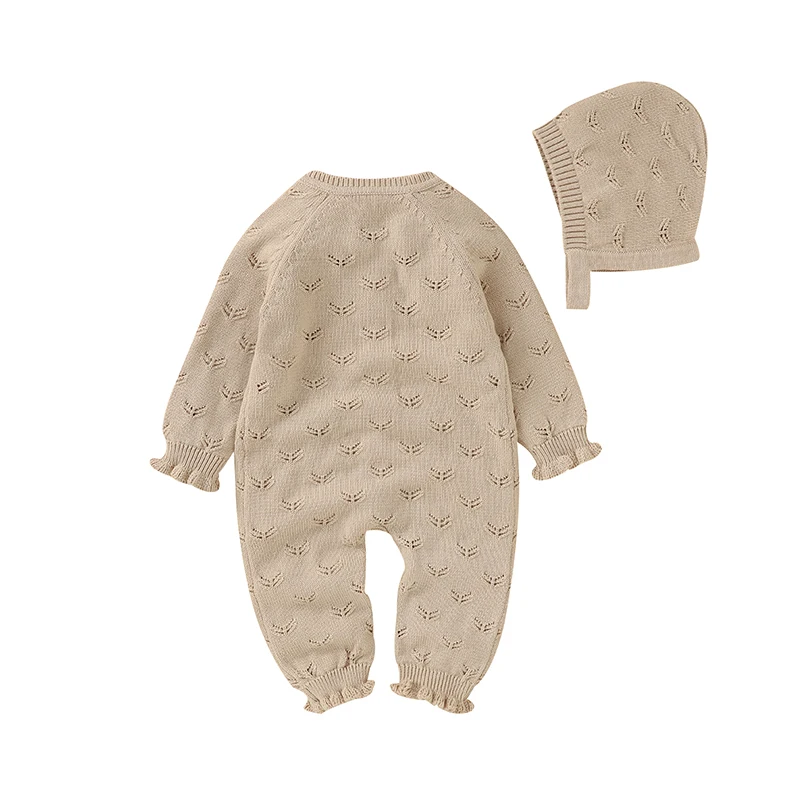 Autumn Baby Romper Knit 100%Cotton Newborn Girls Jumpsuit Outfits Long Sleeve Infant Kid Solid Ruffle Playsuit Hat 2PCS Clothing