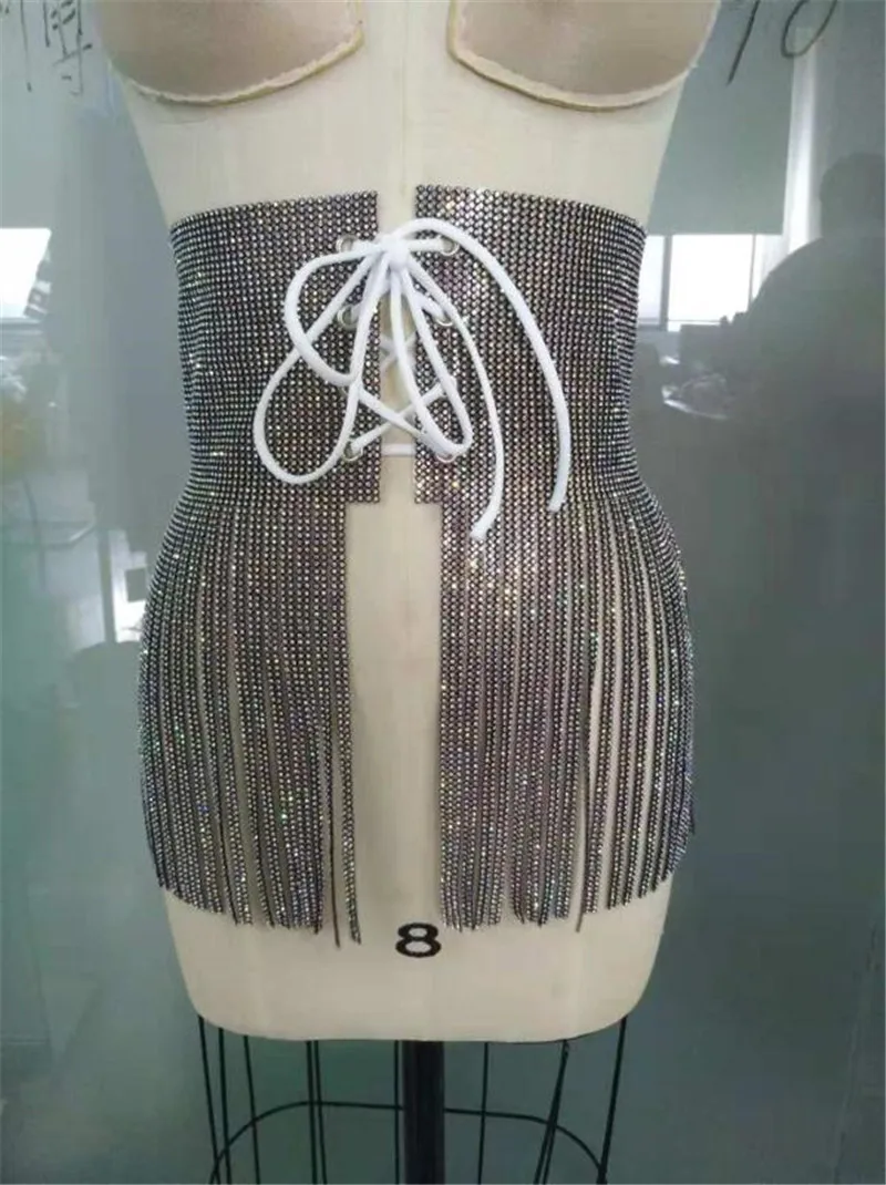 2020 New Bling Rhinestone Diamonds tassel Fringe Wide Belt Self Tie Wrap Waistband Skirt Peplum Waist Belt