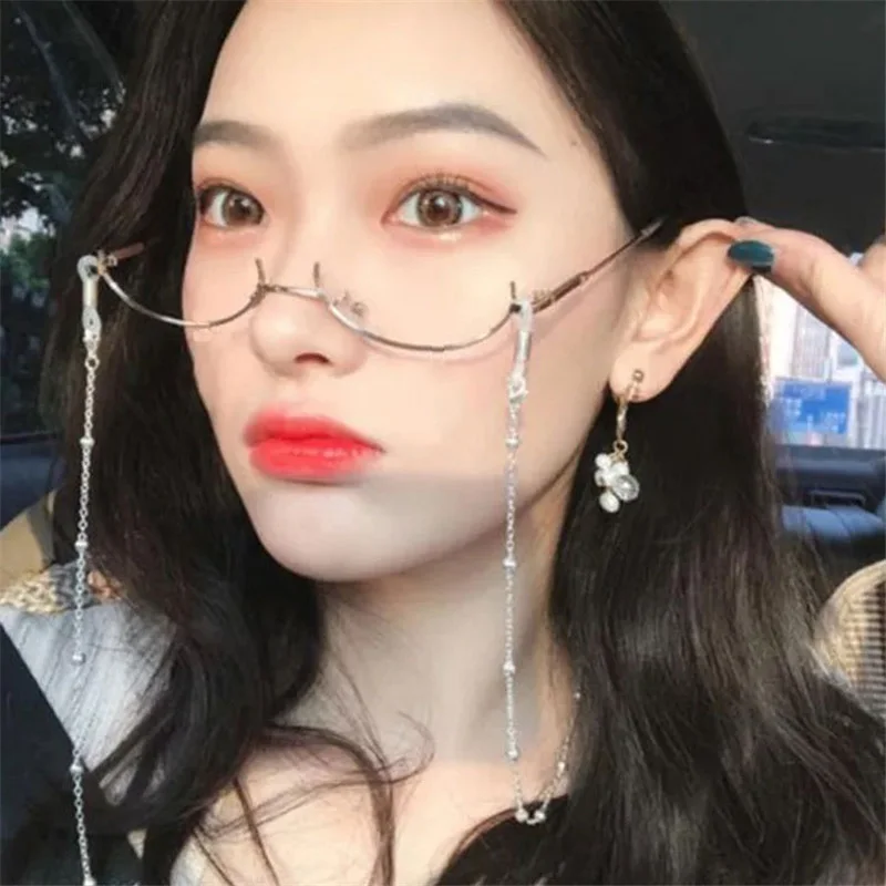 Unisex half-frame Plain glasses + chain Japanese style lensless metallic glasses plain glass spectacles with chain men or women