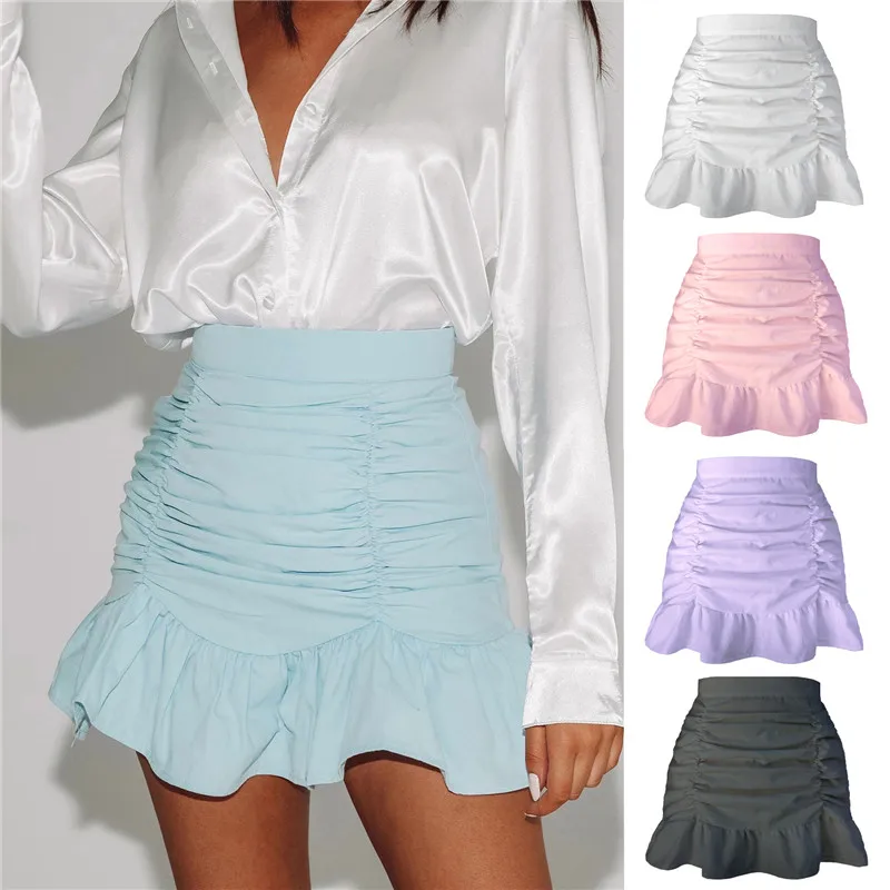 

Women Fashion High Waist Ruched Skirt Stylish Ruffled Hem Solid Color Skirt for Ladies Fashion 2021 New Girl Skirts