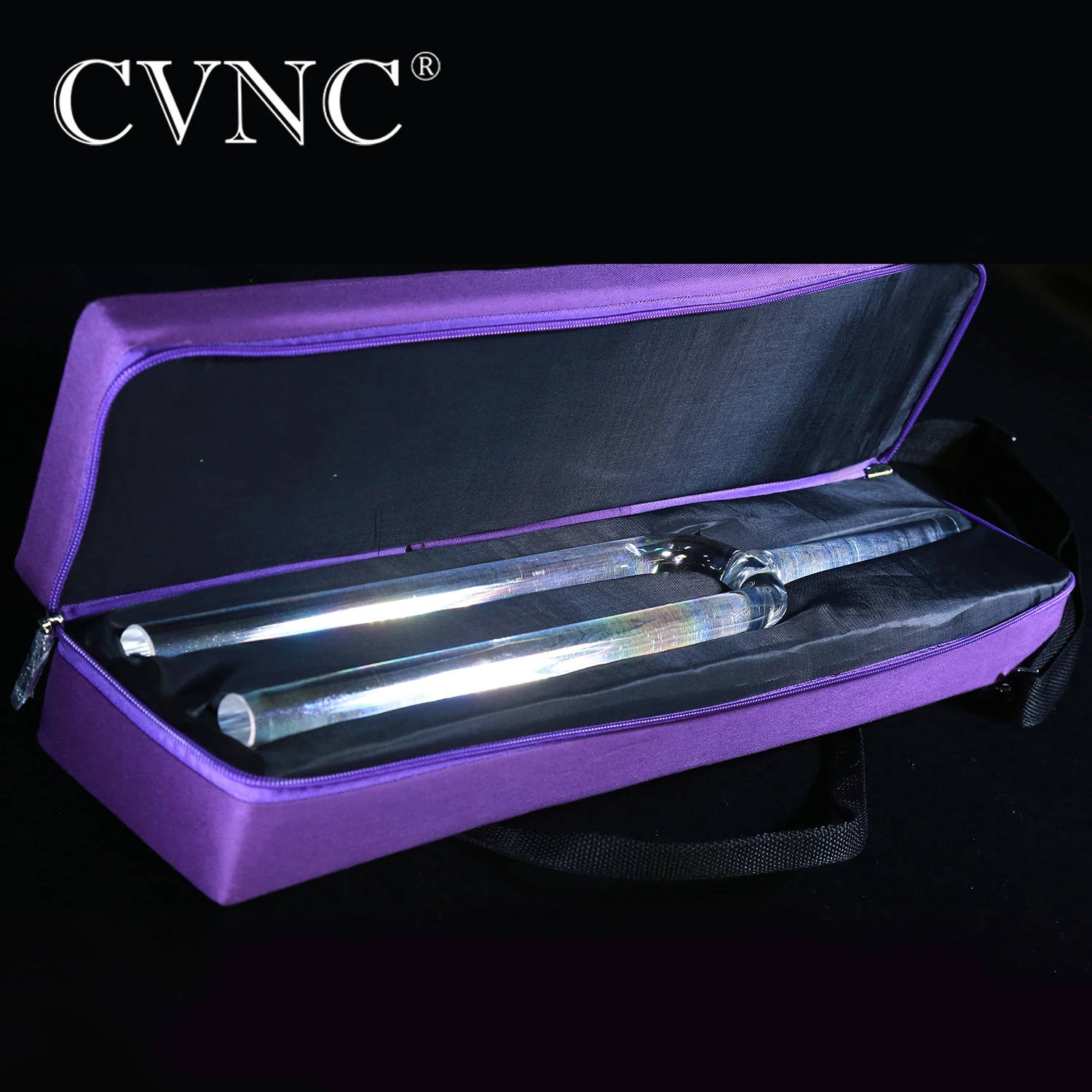 CVNC 20mm 440/432Hz C/D/E/F/G/A/B Note Clear Cosmic Light Quartz Crystal Singing Tuning Fork for Sound Healing with Purple Bag