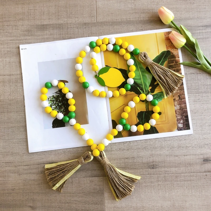 Fruit Wood Bead Garland with Tassel Home Tiered Tray Decor Lemon Watermelon Slice Pendants Farmhouse Rustic Summer Country Decor