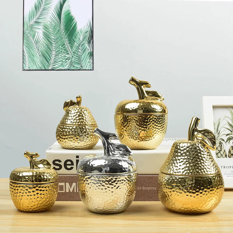 

Golden Pear Apple Living Room Decor Ring Necklace Storage Box Electroplating Ceramic Fruit Storage Jar Home Living Room Decor