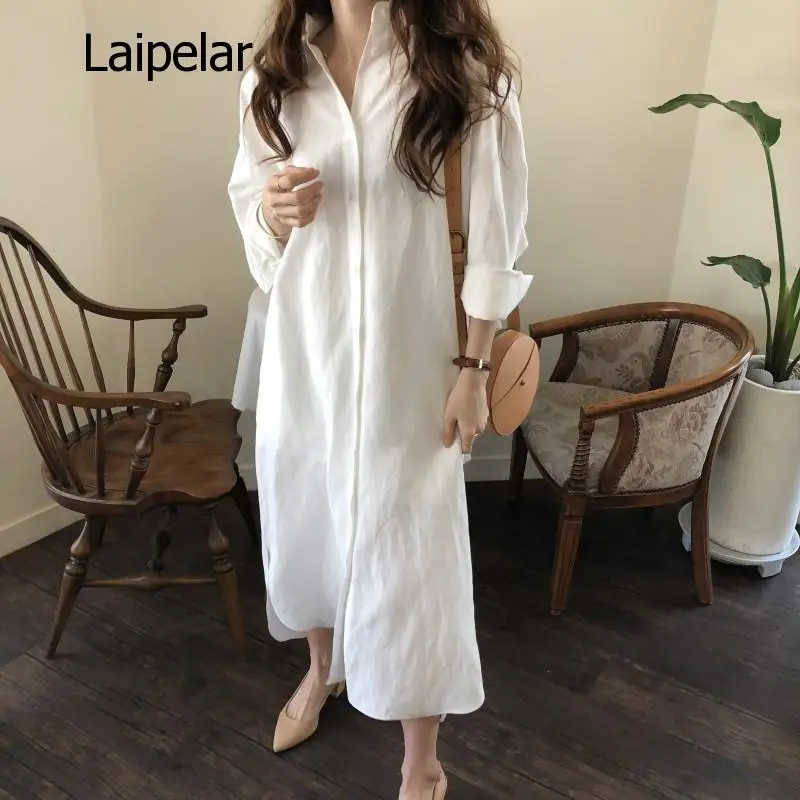 2020 Autumn Long Maxi Dresses Women Button Down Shirt Dress Split Vestido Robe Vintag Long Sleeve Cotton Dress Oversized