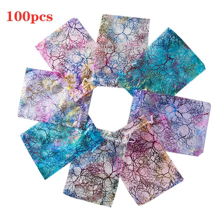 100pcs multi-size colorful organza bag hard yarn bag wedding holiday party decoration for packaging jewelry gift drawstring bag