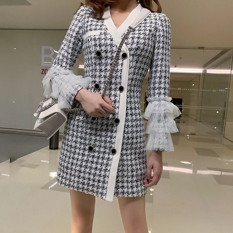 Ladies Office Plaid Dress 2022 Spring Patchwork Ruffle Double Breasted Female Dresses Sexy Slim V-Neck Tweed Women Short Dress