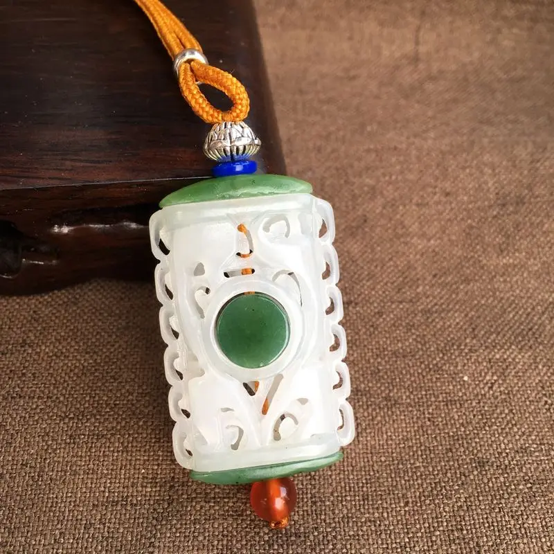 

Quality White Jade Pendant Amulet hollow out carving Green jade sachet Hanging Charms