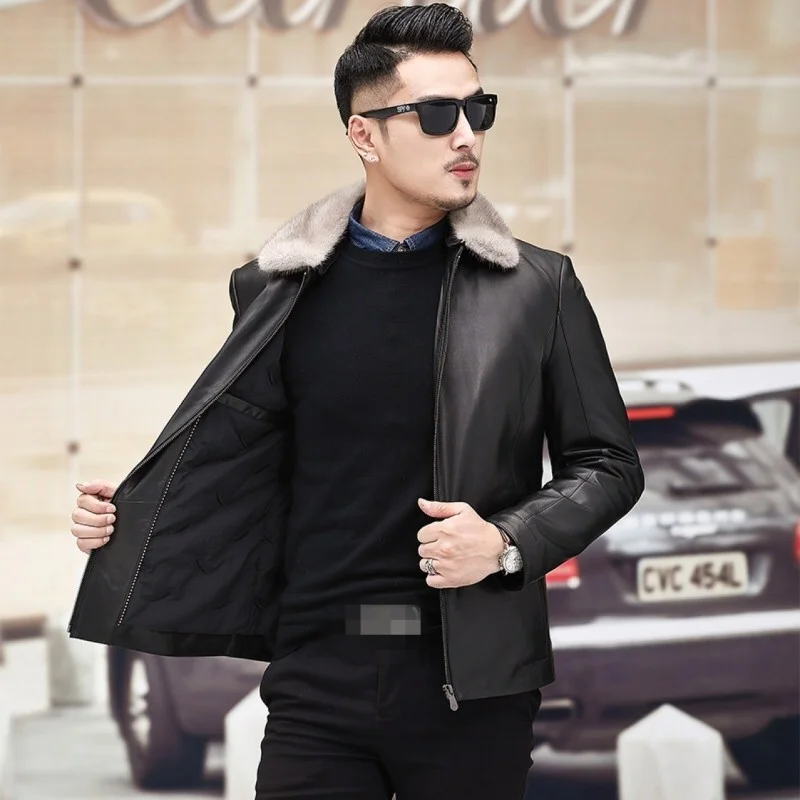 Casual Business Genuine Leather Mens Down Coat Winter Parkas Thick Warm Cold Jacket Fashion Brand Men Black Sheepskin Overcoat