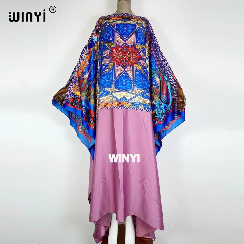 Winyi 2021 Kuwait summer T stage color matching long skirt women's fashion bat sleeve flower print loose oversize long skirt