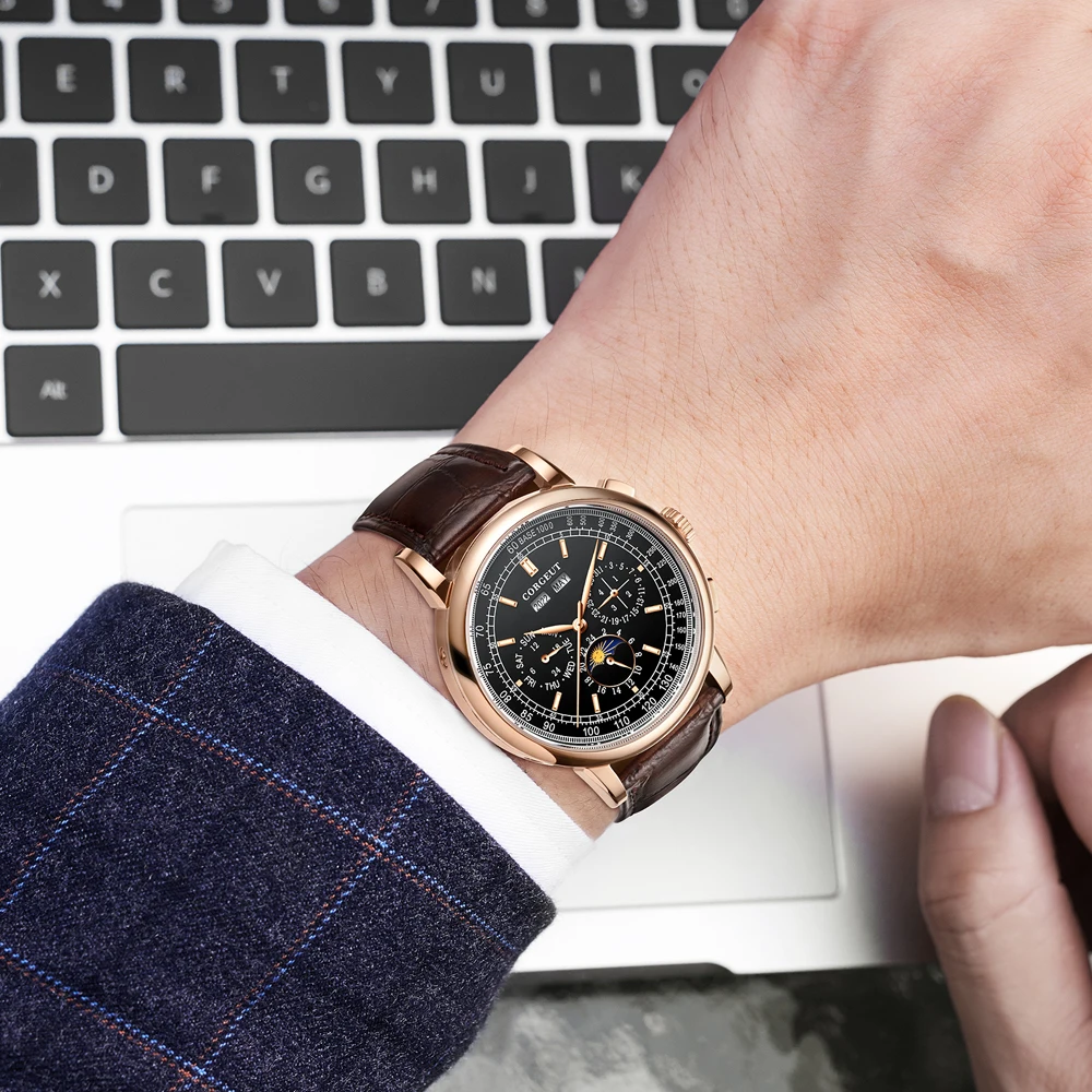 Corgeut 42mm men\'s Automatic watch Black Dial gold case moon phase calendar Multifunction leather strap mechanical Male watch