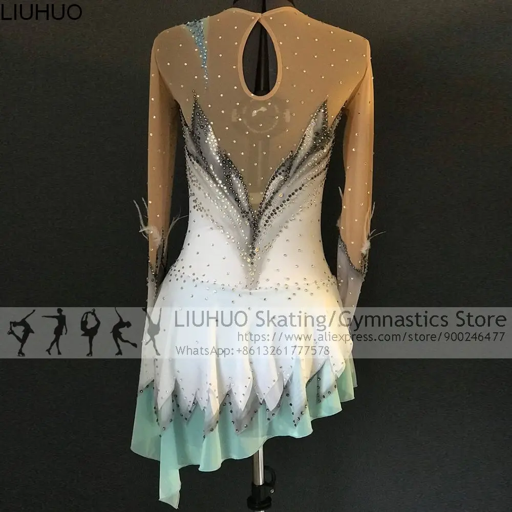 Ice Figure Skating Dress Women Girls White Feather Competition Costumes Teens Skating Dress Female Dancewear Wholesal