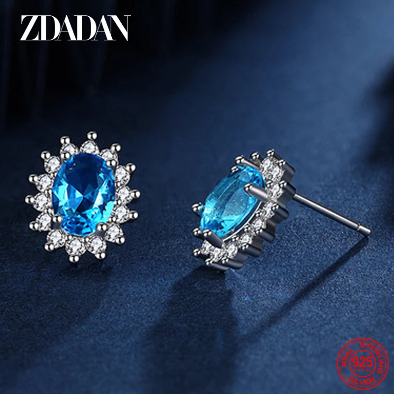 ZDADAN 925 Silver Blue Oval Crystal Earrings For Women Fashion Wedding Jewelry Gifts