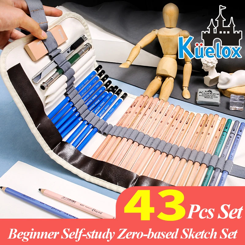 Kuelox 18/27/37/43 Sketch Set Utility knife Soft Plastic rubber Paper Pen Extender Art Dedicated School Student Supplies Set