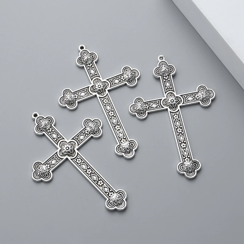 5pcs Silver Color 80x54mm Flower Cross Charms Jesus Faith Pendant Jewelry Making DIY Handmade Craft Accessories Wholesale