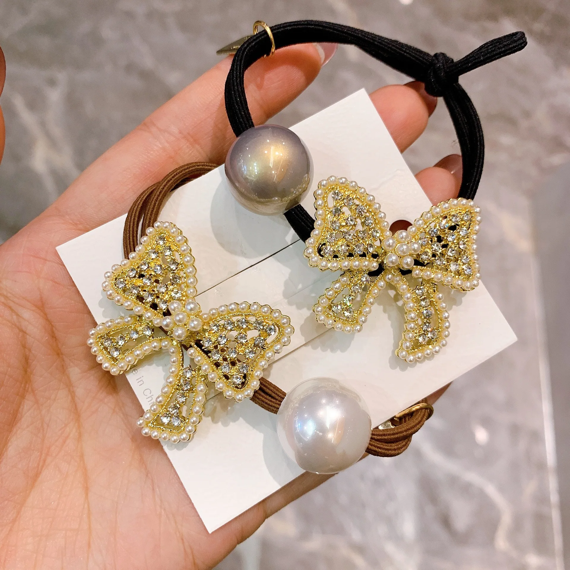 New Style Headwear High-End Sense Head Rope Bowknot Pearl Hair Rope Simple Female Net Red Ponytail Head Rubber Band