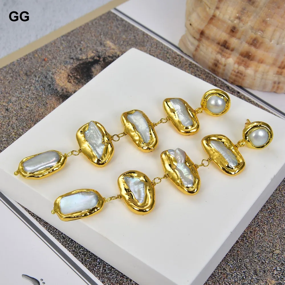 

GuaiGuai Jewelry Natural Freshwater White Biwa Pearl Yellow Gold Color Plated Earrings For Women