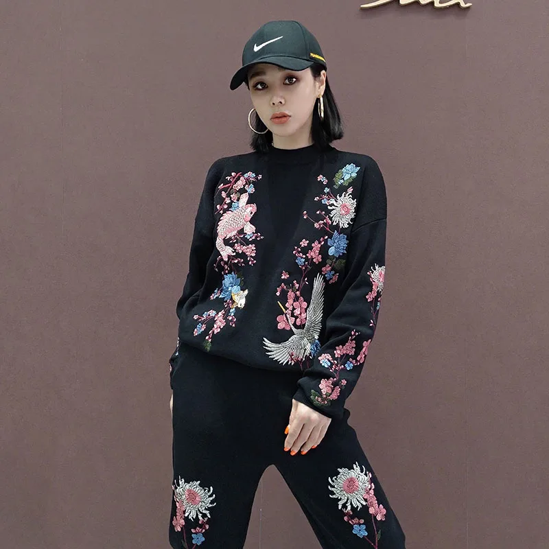 Heavy Work Flower Bird Embroidery Women Knit Tracksuit Outfits Long Sleeve Sweater Trousers Sets Casual Casual Knitwear Suits