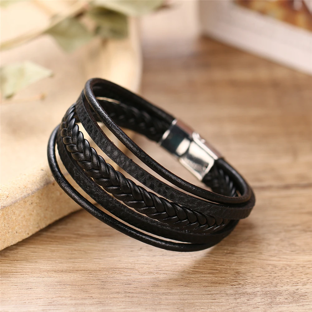 2024 Trend Charm Jewelry Bracelets Bangles Cuff Magnet Bracelet Vintage Handmade Weave Multilayer Leather Bracelet Men