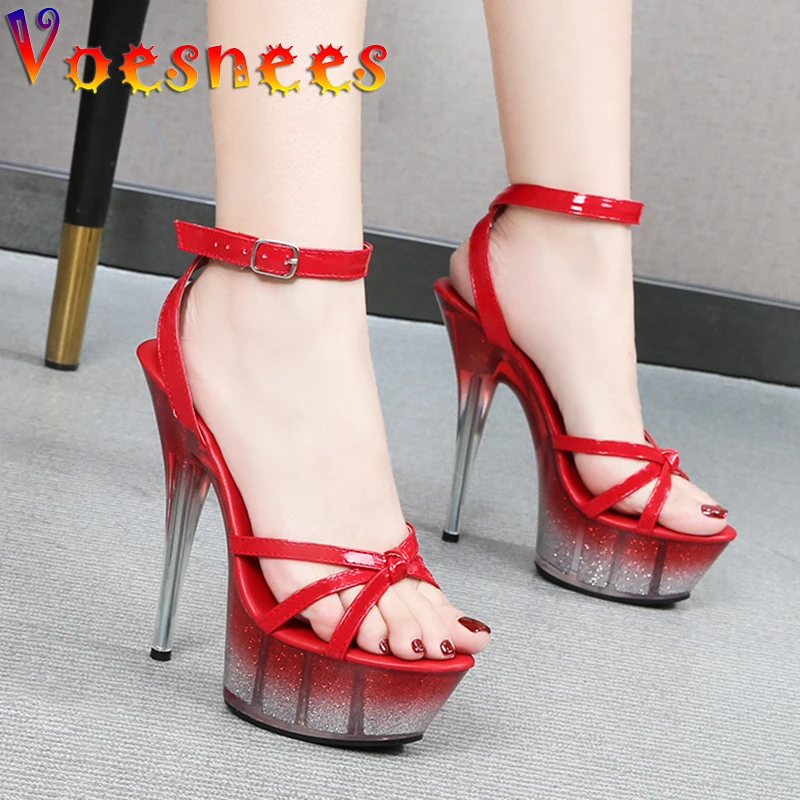 Voeseees Shoes Women 2021 New Waterproof Platform Clear Heel Gold-dust Sandals Bling Thin Heels Fashion Ankle Strap Party Shoes