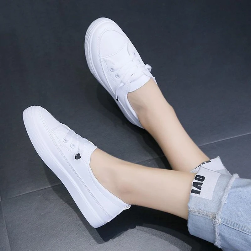 2022 Low Platform Sneakers Women Shoes Female Pu Leather Walking Sneakers Loafers White Flat Slip On Vulcanize Casual Shoes