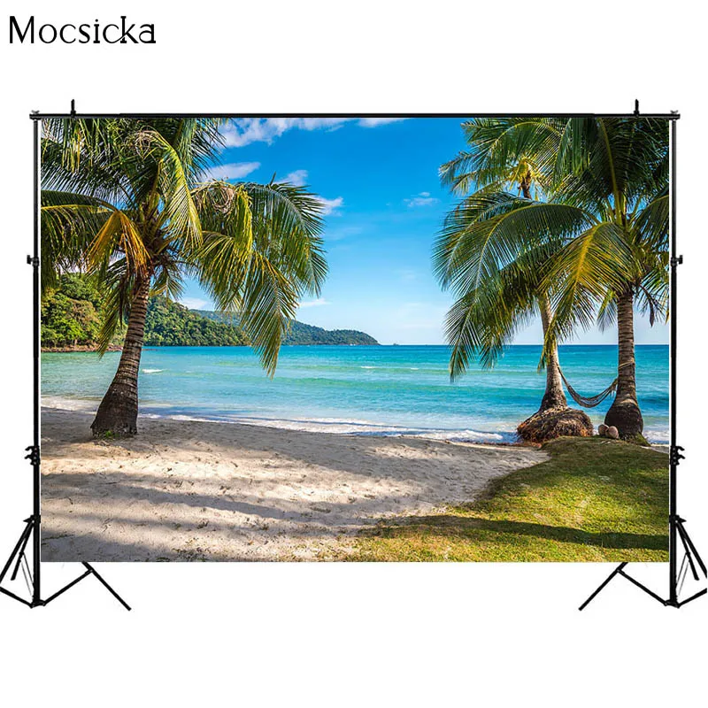 Mocsicka ฤดูร้อนฉากหลัง Tropical Sea Beach ทราย Cloudy Sky ห้องพักช่วงวันหยุด Scenic การถ่ายภาพพื้นหลัง Photocall Photo Studio