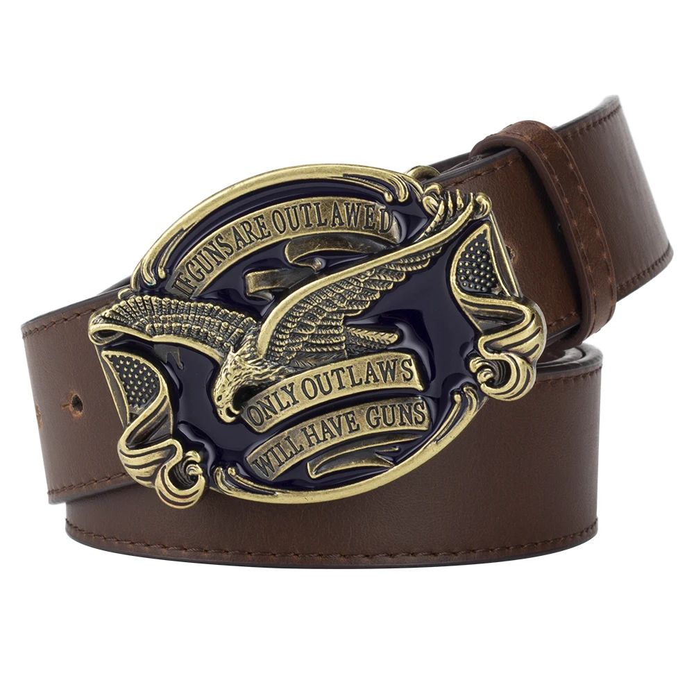 Eagle Belt for Men Jeans ONLY OUTLAWS WILL HAVE GUNS Metal Buckle Cowboy