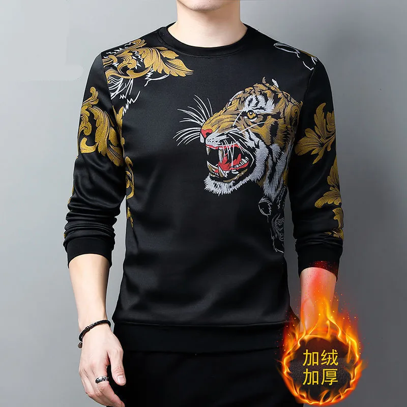 

Men's top 3D tiger print long-sleeved Tops plus size autumn round neck bottoming shirt casual lion pattern top men's clothing