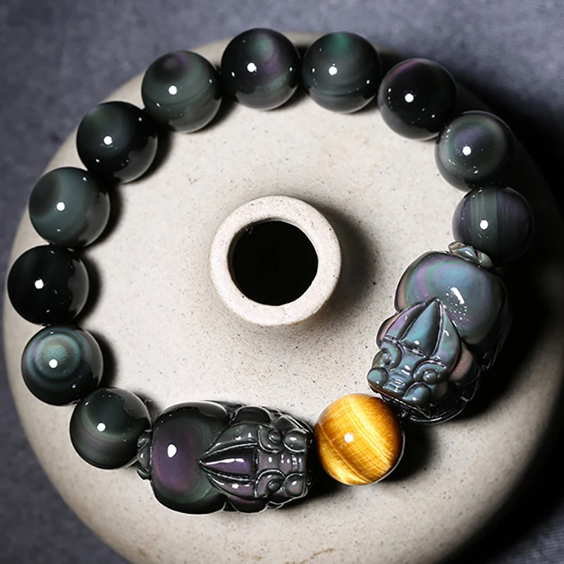 Natural Obsidian Double Pixiu Pig Bracelet Good Luck feng shui Brave Rainbow Bracelet Beckoning Beast Bracelet Men Women Jewelry