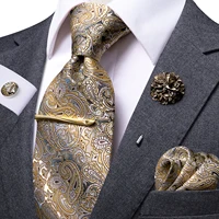 Yellow Brown Paisley Tie For Men Men's Tie Clip Gift Luxury Necktie Hanky Cufflinks Brooch Set Formal Wedding PartyBusiness Silk