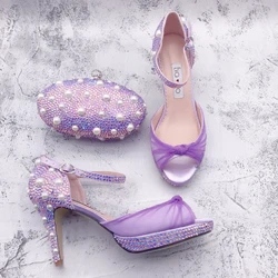 BS1481 Custom Made wysokość obcasa buty damskie buty ślubne Lilac lawendowe perły kamienie buty ze stylowy zestaw torebek