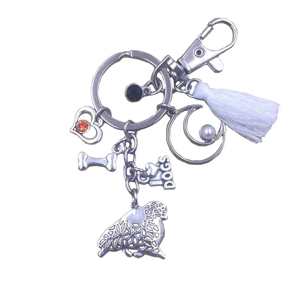 Pomeranian Dog Animal Classic New Keychain Key Ring Pet Tassels Vintage Silver Color Women Men Jewelry Party Gift K026-28-29