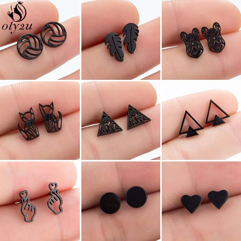 Multiple Black Stainless Steel Earrings Geometric Women Men Punk Round Triangle Volleyball Stud Earring Best Gift for Friend