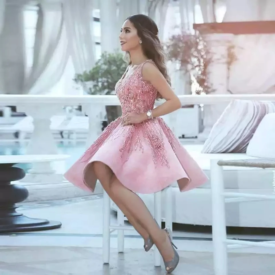 Vestido de cóctel de lujo rosa para mujer, vestido de graduación corto con cuentas de cristal y lentejuelas, vestidos de regreso a casa, vestido de graduación elegante, 2023