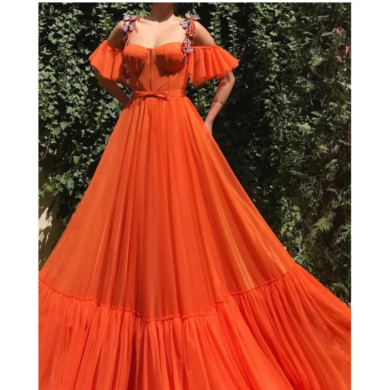 Fashion Off The Shoulder Prom Dress Orange Princess Dress Tulle With Butterfly Backless Floor Length Evening Gown Party Dress