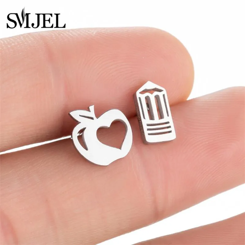 Cartoon Apple Pencil Shape Earrings Personality Funny Fashion Asymmetry Earring for Women Night Club Party Jewelry Studs Gift