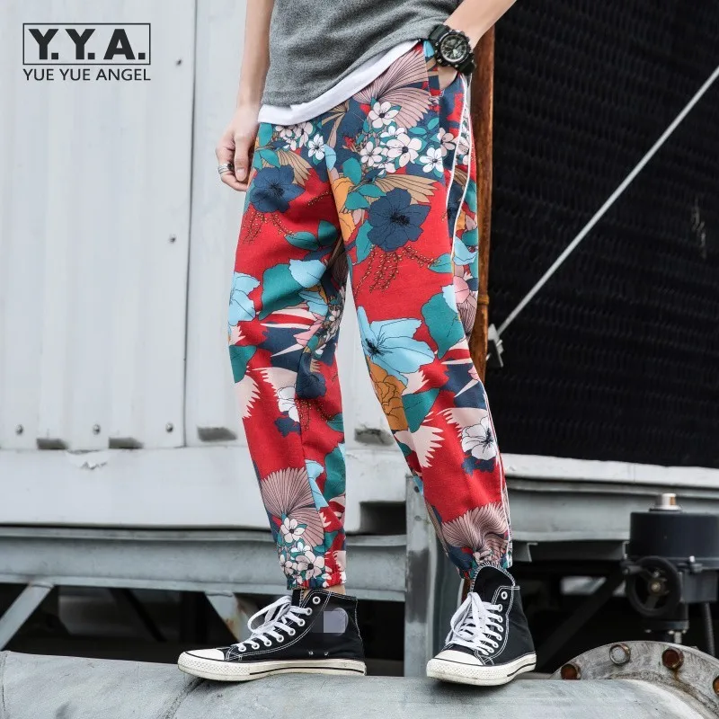 Fashion Ethnic Style Printed Flower Harem Pants Men Loose Personality Casual Sweatpants Male Harajuku Ankle Length Trousers New