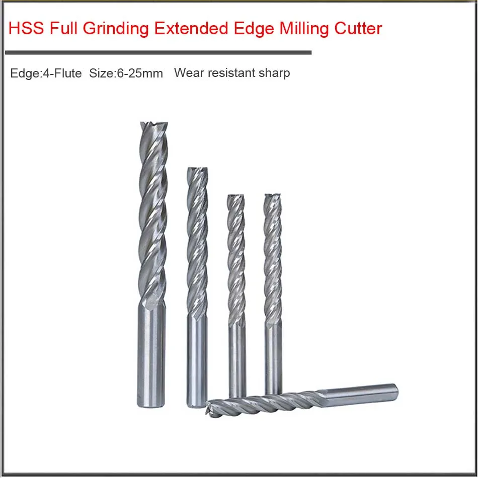 6 8 10 12 16 20 25mm High Speed Steel 4 Flute End Mill Cutter, HSS straight shank  full grinding extended edge milling cutter